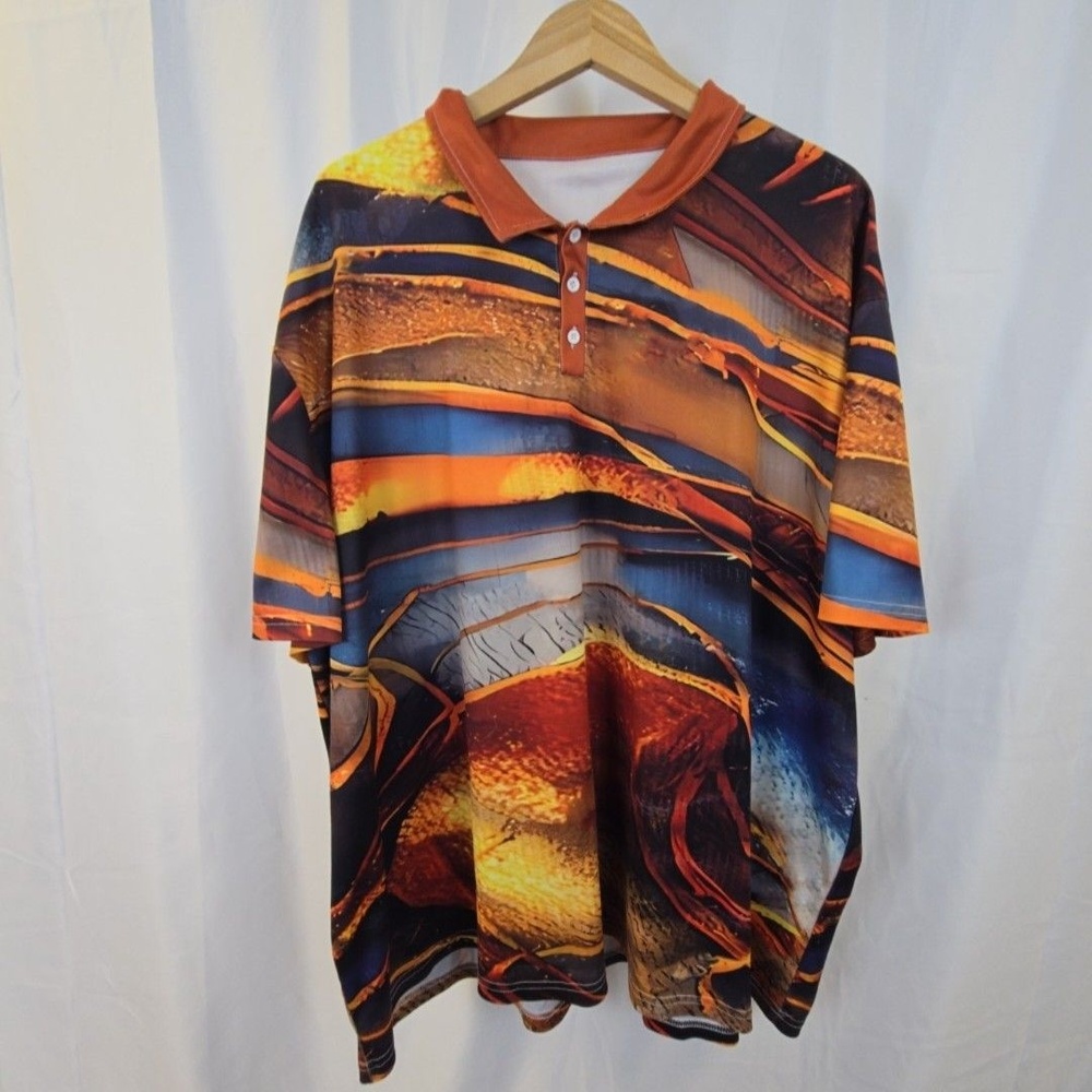 Polo Shirt Mens 5XL Multicolor Abstract Print Short Sleeve Stretch Casual